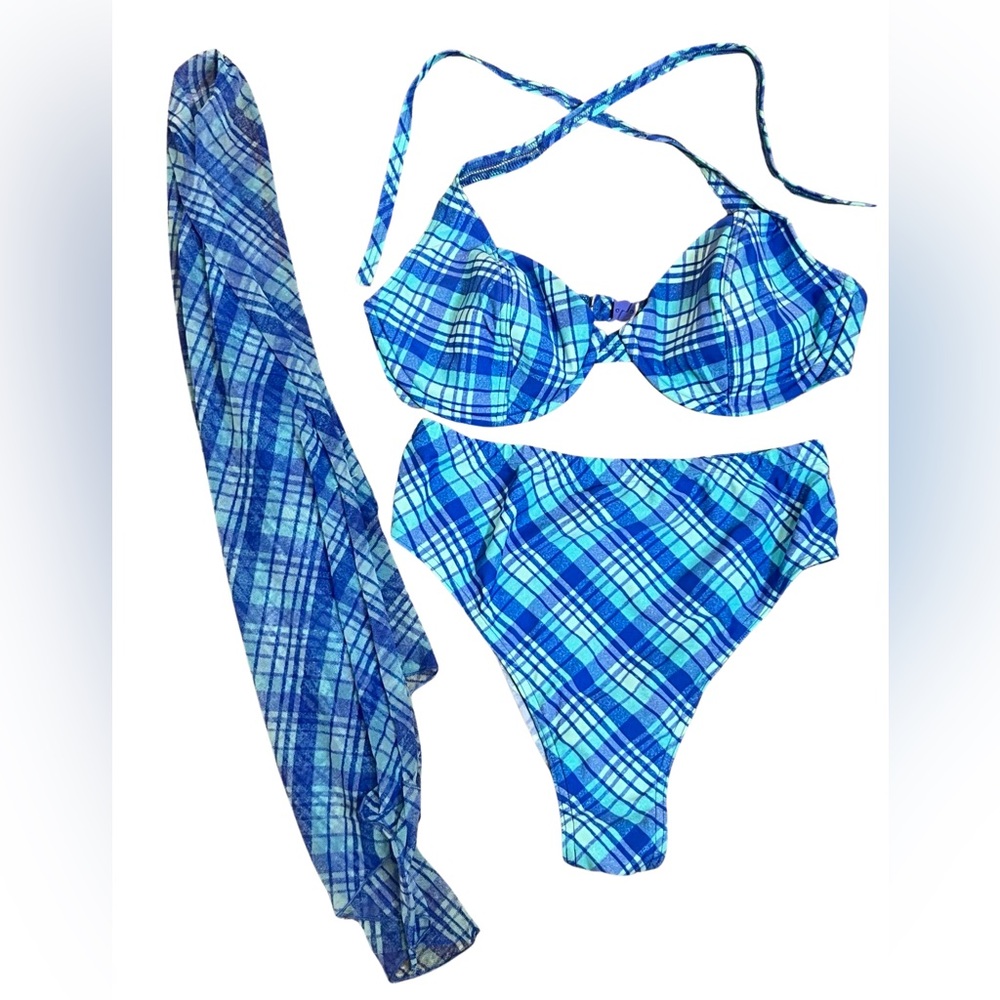 Krista Swimsuit Blue Plaid 3PC Size 14 Medium